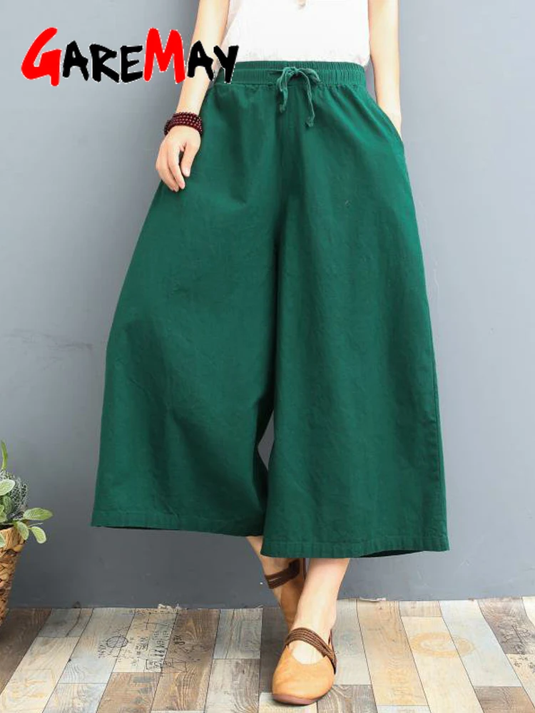

Cotton Linen Pants Women High Waist Capri Oversized Calf-Length Casual Solid Summer Trousers Loose Green Wide Leg Pants Women