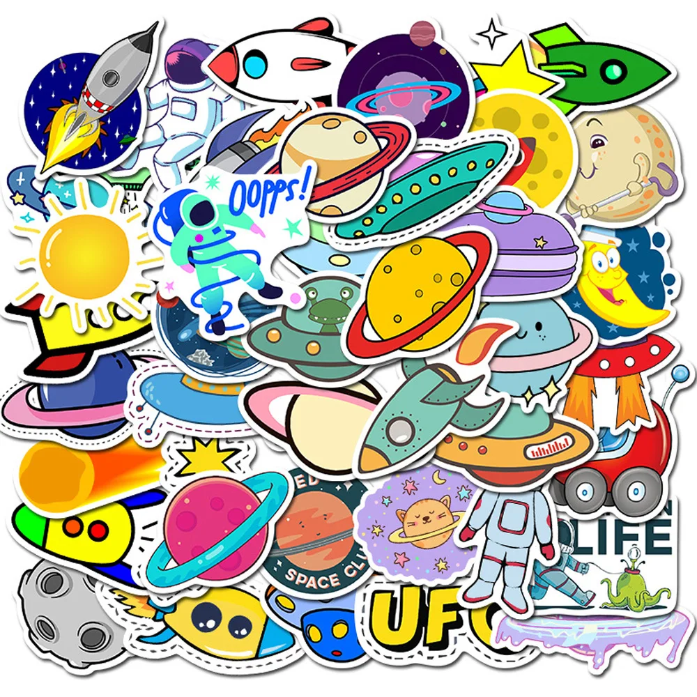 

10/30/50pcs Outer Space Stickers UFO Astronaut Rocket Planet DIY Scrapbook Luggage Skateboard Laptop Graffiti Kids Sticker Decal