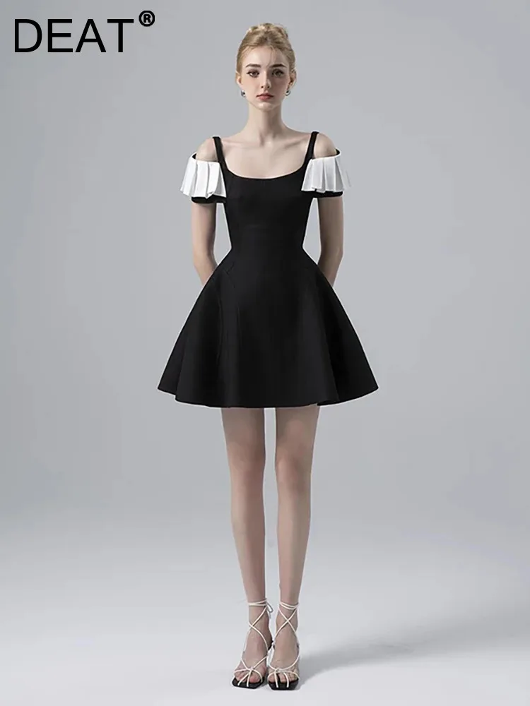 

Женское платье с высокой талией DEAT, лоскутное платье контрастных цветов с рукавами и открытой спиной, Элегантное летнее платье, 13DB3315, 2023