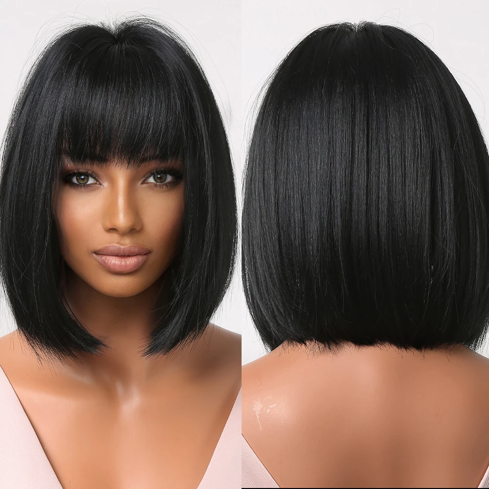 

ALAN EATON Short Bob Wig with Bangs Synthetic Wigs for Women Afro Black Straight Hair Natural Cospaly Wig Heat Resistant Fiber