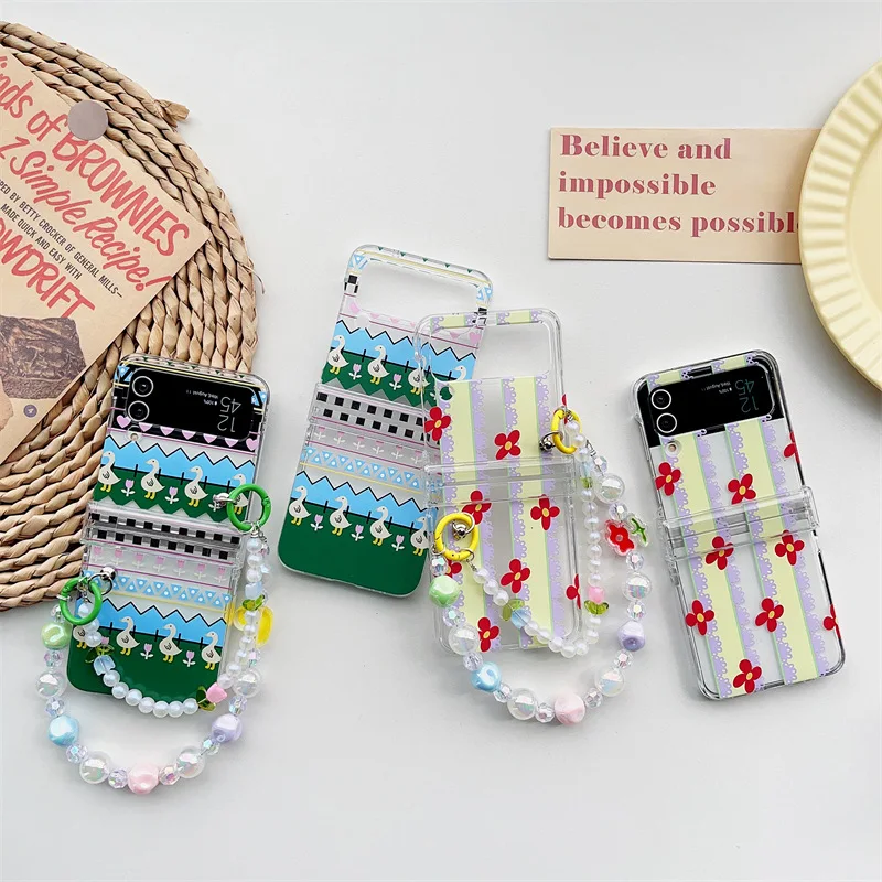 

Vintage Style Lace Flower Duck Phone Case for Samsung Galaxy Z Flip 4 3 Hard Cover for ZFlip3 Zflip4 Solid Shell Bracket