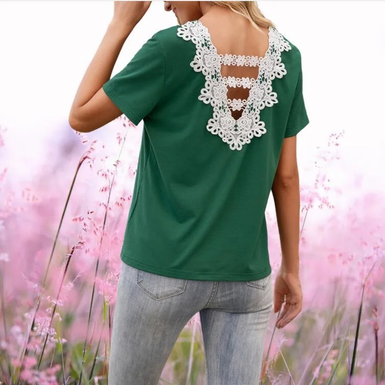 

2022 spring and summer new women's knitted sexy backless hollowed out lace splicing round neck T-shirt
