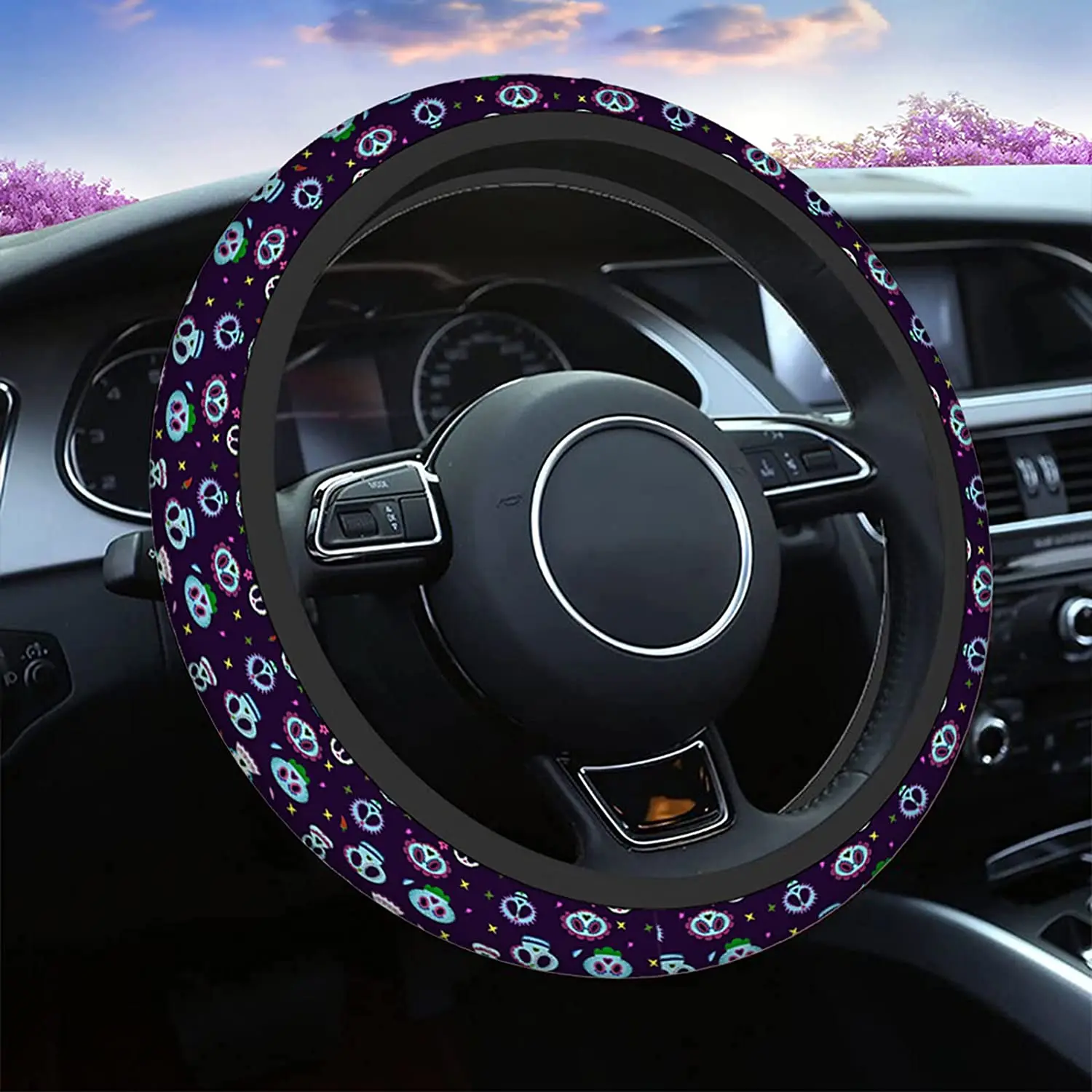 

Mexican Skull Steering Wheel Cover Universal 15 Inch Abstract Skull with Mexican Santa Dead of The Day Steering Wheel Covers