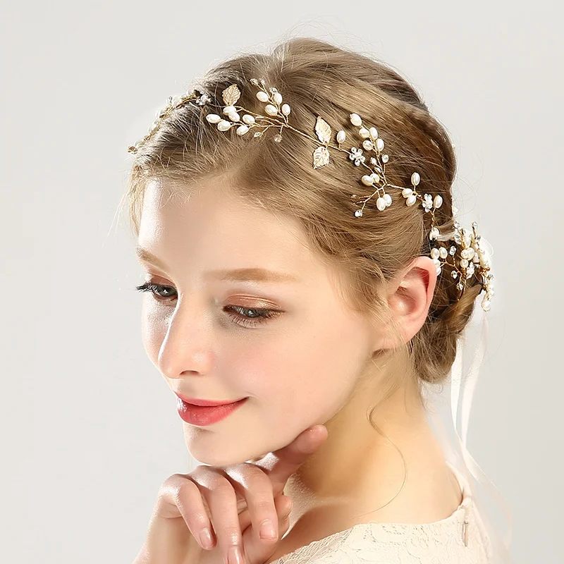 

Bridal Gold/Silver Color Flower Ribbon Hairband Headband Women Pearl Headpiece Tiara Wedding Head Jewelry Bride Hair Accessories