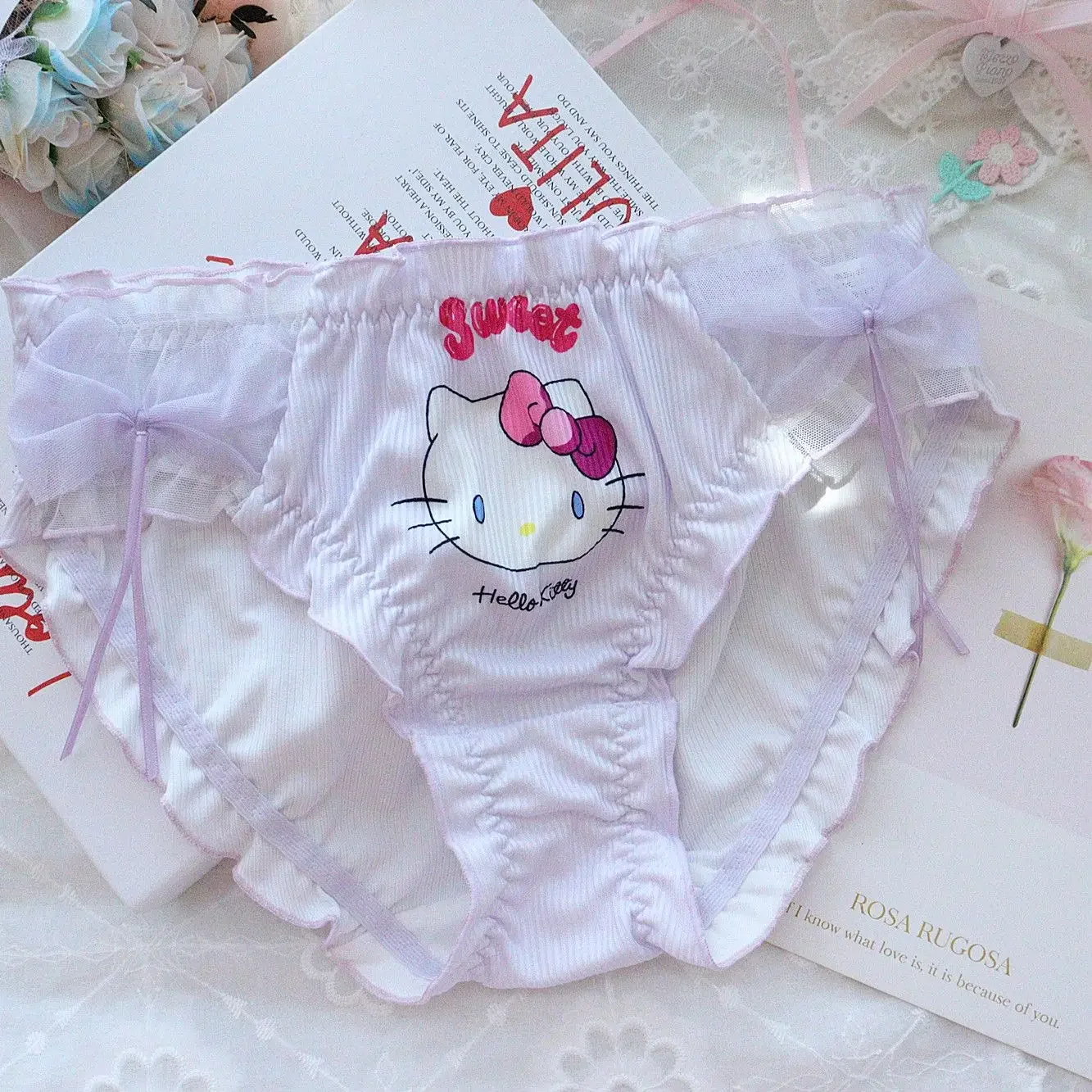 Японские милые трусы Hello Kitty девчачьи кружевные с рюшами и милым принтом женские