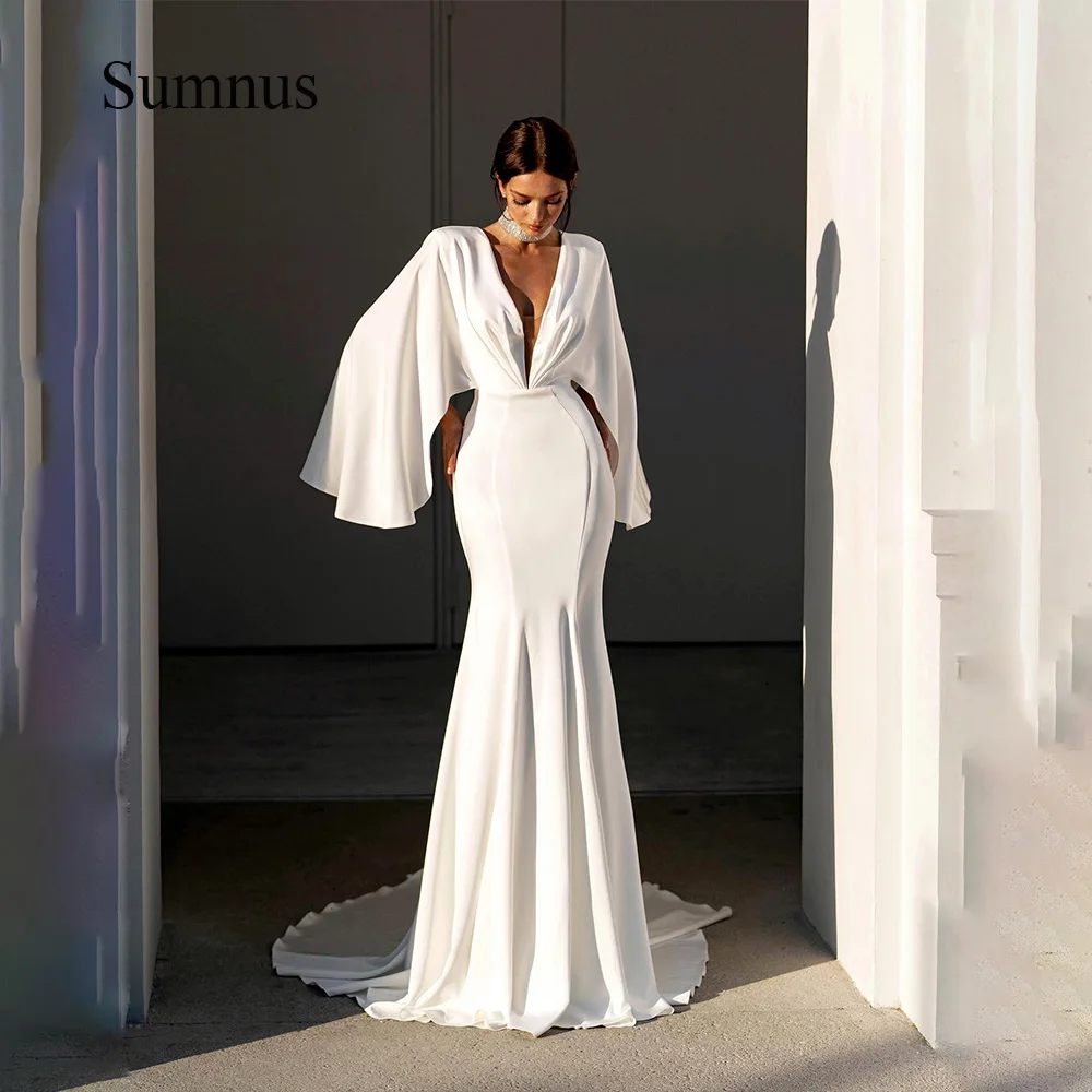 

Sumnus White Mermaid Wedding Dreses Cape Sleeve Sexy V Neck Spandex Long Elegant Wedding Bridal Gowns With Train Robe de Mariee