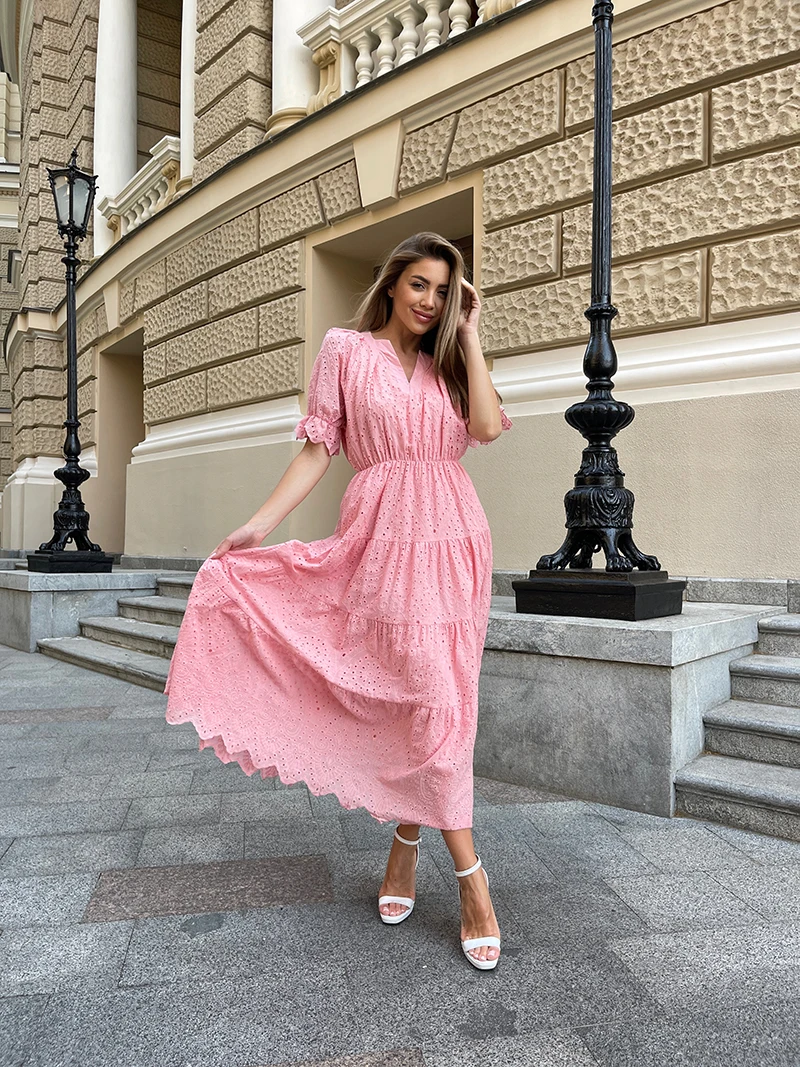

V Neck Elegant Beach Long Dresses Women Short Sleeve Hollow Floral Evening Dresses Ruffle Sexy Maxi Dress For Women Summer 2023