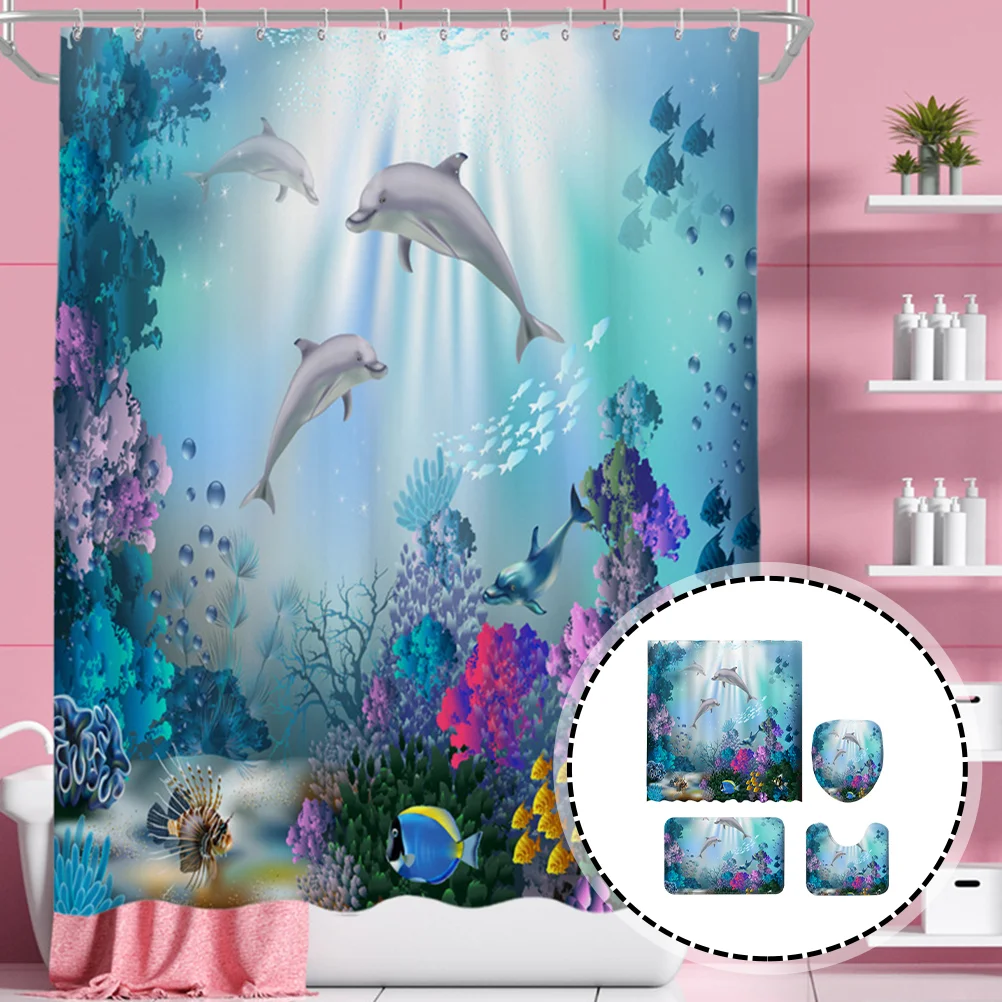 

1 Set of Waterproof Curtain Ocean Animal Bath Curtain Decorative Bathroom Mats