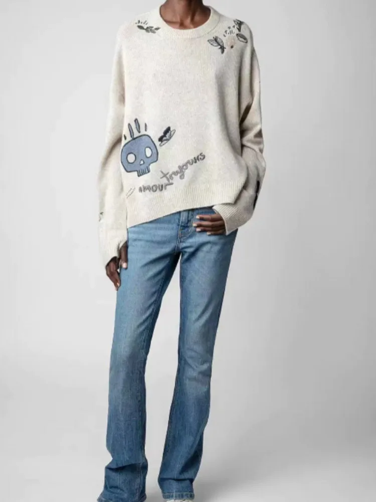 

Women Knit Sweater Embroidery Skull Butterfly Floral Letter Jumper O-neck 100% Cashmere 2023 Autumn Knit Pullover for Lady