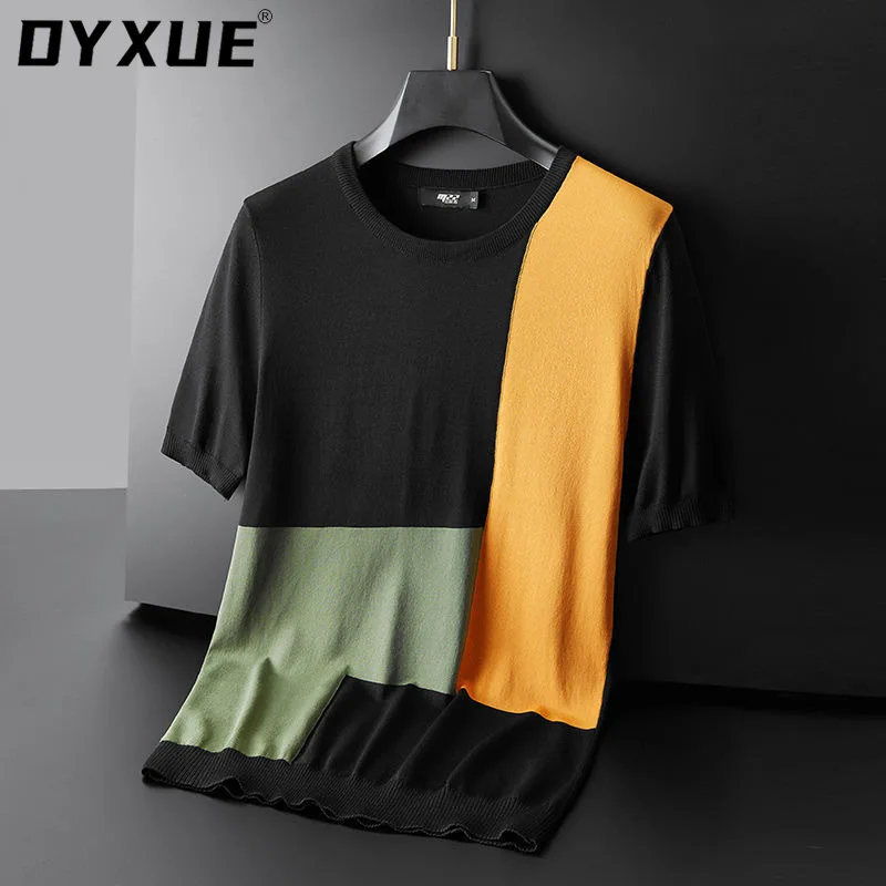 

DYXUE High Quality Fashion Color Matching Knitted T-shirt Men New Korean Round Neck Slim Fitting Short Sleeve Summer Luxury Top