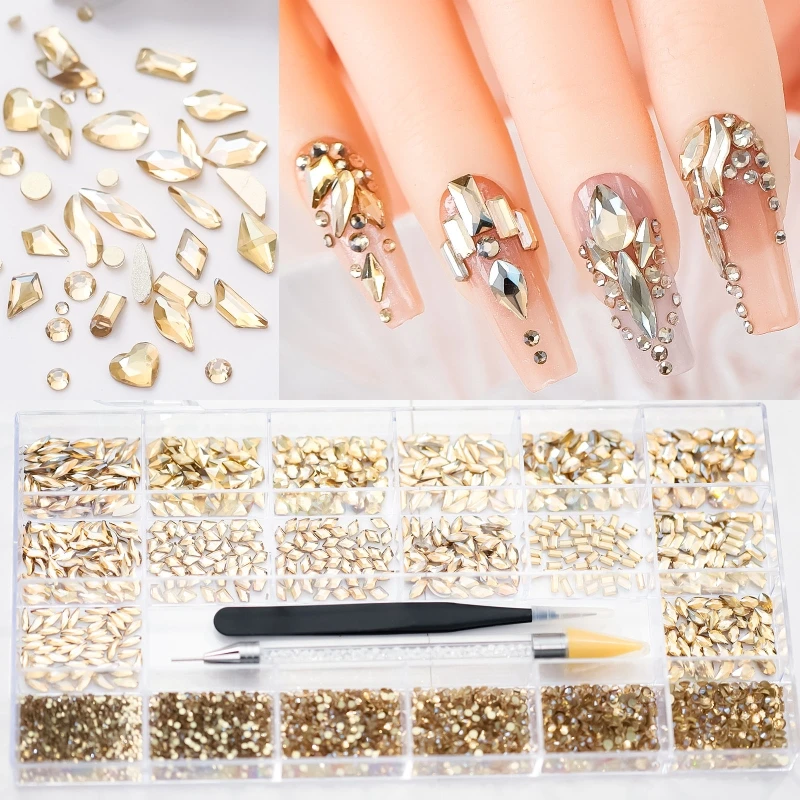 

21 Styles of 5500 Champagne Diamonds 700 Round Flat Rhinestones +4800 Multi-Shape Rhinestone Crystals Mix 3D 2022 New