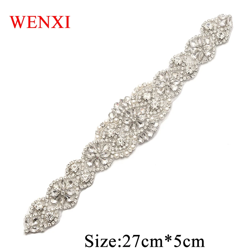 

WENXI 5pcs Handmade Bling Sew On Hot Fix Beaded Crystal Silver Rhinestone Applique for Wedding DIY Bridal Belt Headbands WX836