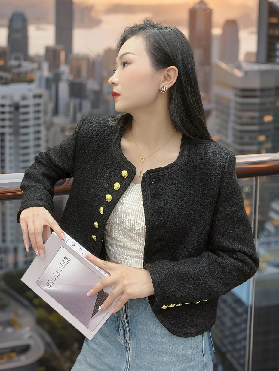 Классическая твидовая куртка на шести пуговицах черно-белая Смешанная шерстяная