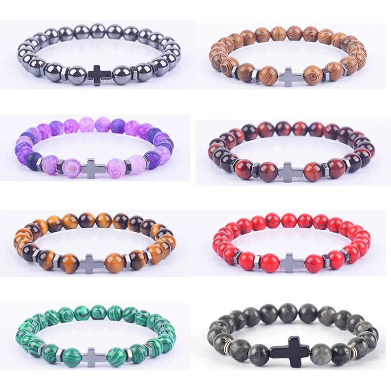 

Natural Red Tiger Eye Hematite Obisidian Cross Prayer Bracelet Homme Labradorite Rosary Lava Stone Women Yoga Meditation Jewelry