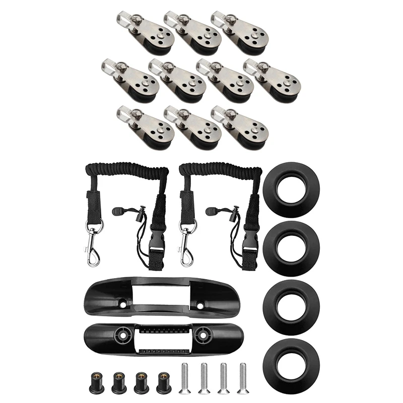 

10X Marine Boat Pulley Blocks Rope & 1Set Kayak Paddle Holder Clips Adjustable Kayak Safety Paddle Leashes