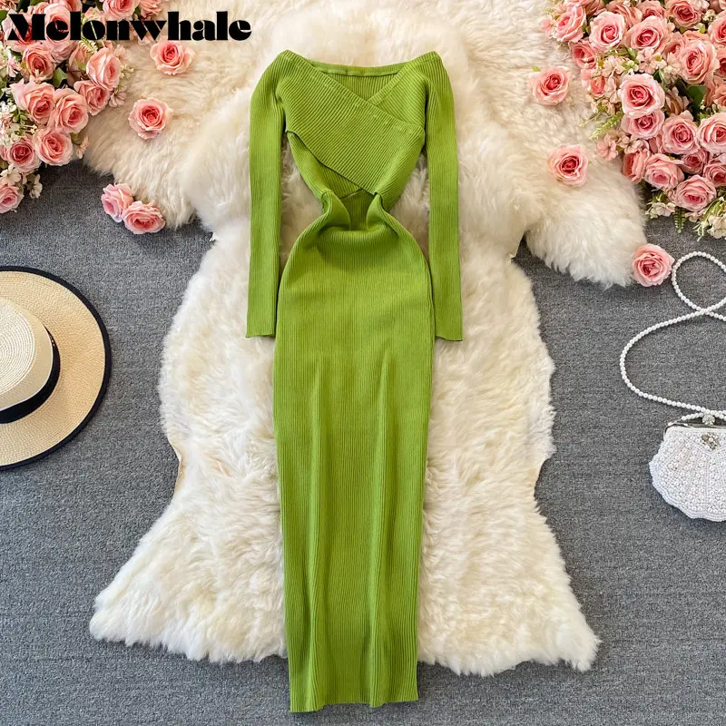 

MelonWhale Women Green Slim Long Knitting Sweater Dress Elegant New O-Neck Long Sleeve Loose Fit Fashion Tide Spring Summer M342