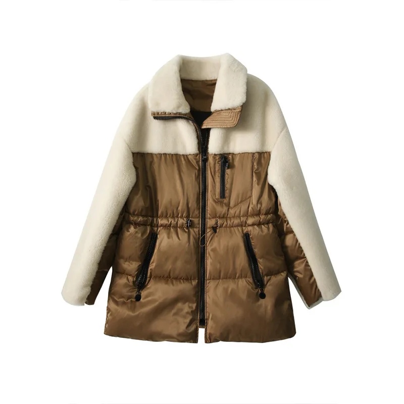 Down Jacket Women 2022 Winter 90% White Duck Coat Short Fur Splicing One Piece Korean Waistband Top Waist-cinching Cord Coats