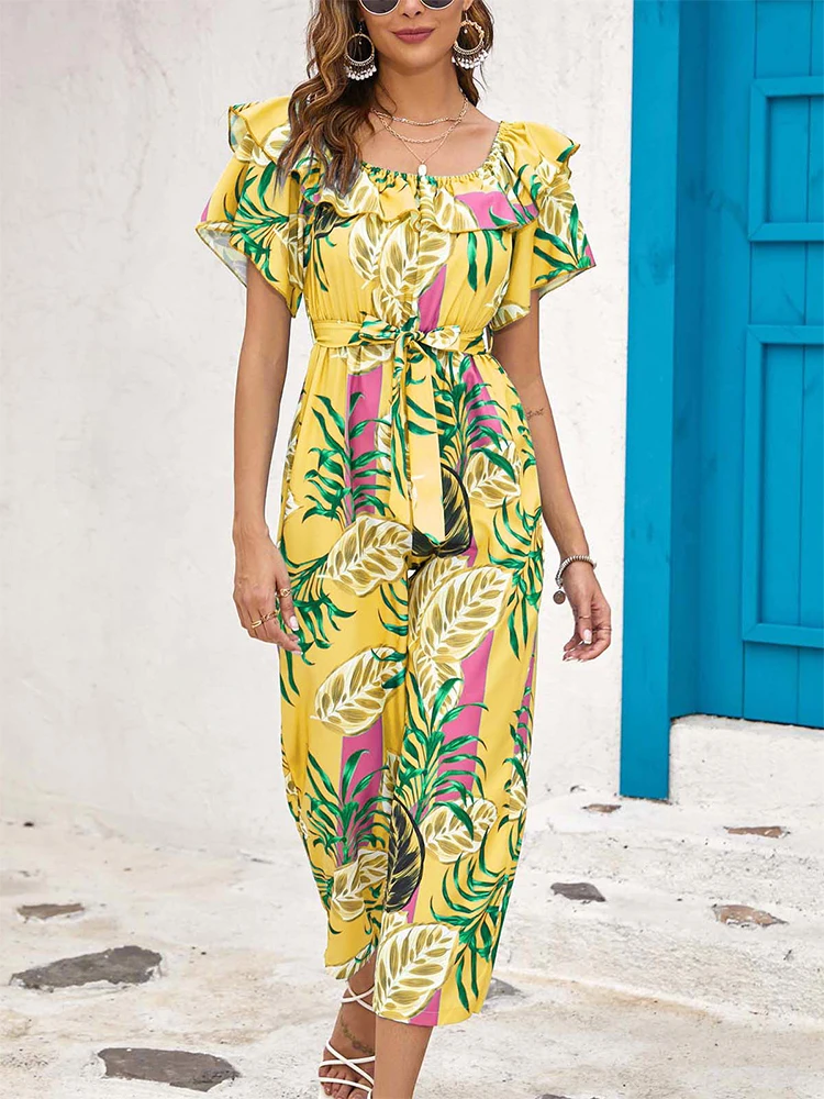 GJXSDNX 2023 New Summer Fashion Printed Wide Leg Jumpsuit Women commute Sexy Beach Style Off-shoulder High Waist Jumpsuit Women