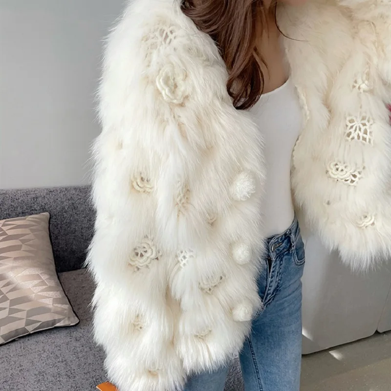 Fashion Winter Fox Fur Knitted Floral Coats Sweet Slim V Neck Sweater Handmade Crochet Elegant Women Long Sleeves Overcoats