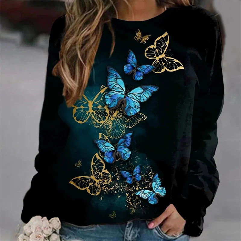 

Women's T Shirts Flower Butterfly Prints Round Neck Long Sleeve Sweater Women's T-shirt 2022 New Autumn And Winter all-match Top