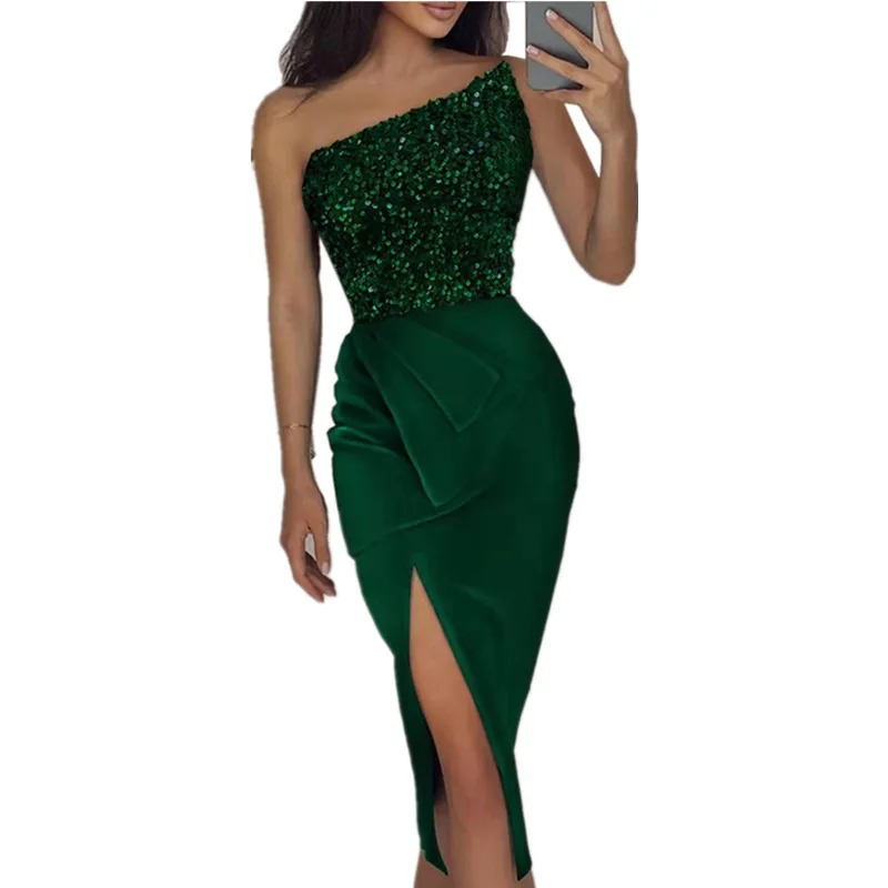 

Женское однотонное привлекательное длинное платье с разрезом и блестками, элегантное праздничное платье на одно плечо для весны и лета 2022