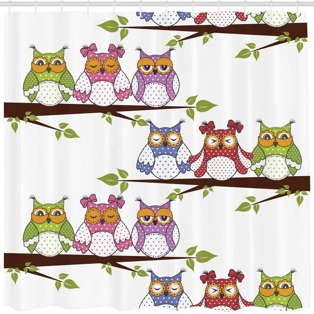

Cartoon Animal Shower Curtain Watercolors Leaves Feathers Hand Drawn Birds Sitting Branch Waterproof with Hooks Bath Curtains