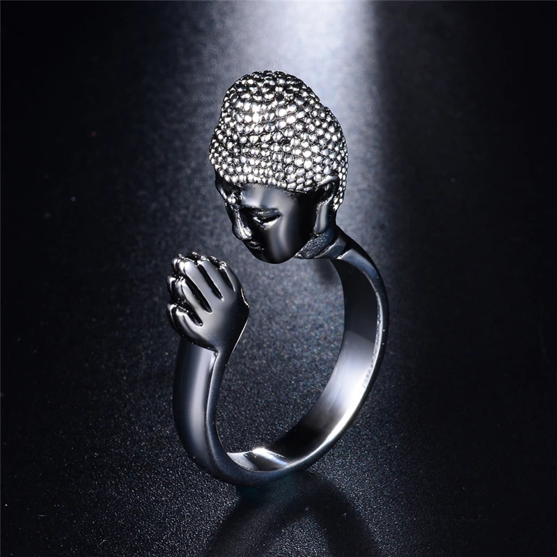 Fashion Alloy Metal Unisex Buddha Buddhism Head Ring Women Men Pray For Lucky Ring Adjustable Anillos Friendship