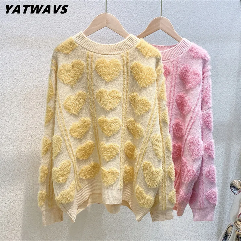 

YATWAVS Fall New Women Casual Mink Hair Sweater Pullover Korean Winter Fashion Sweet Love Pattern Femme Loose Knitted Tops