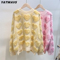yatwavs fall new women casual mink hair sweater pullover korean winter fashion sweet love pattern femme loose knitted tops