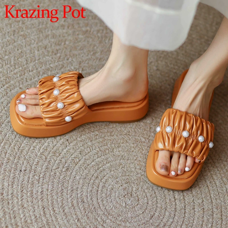 

Krazing pot summer shoes women peep toe high heels pearl decorations pleated young lady daily wear slip on outside slipper L06