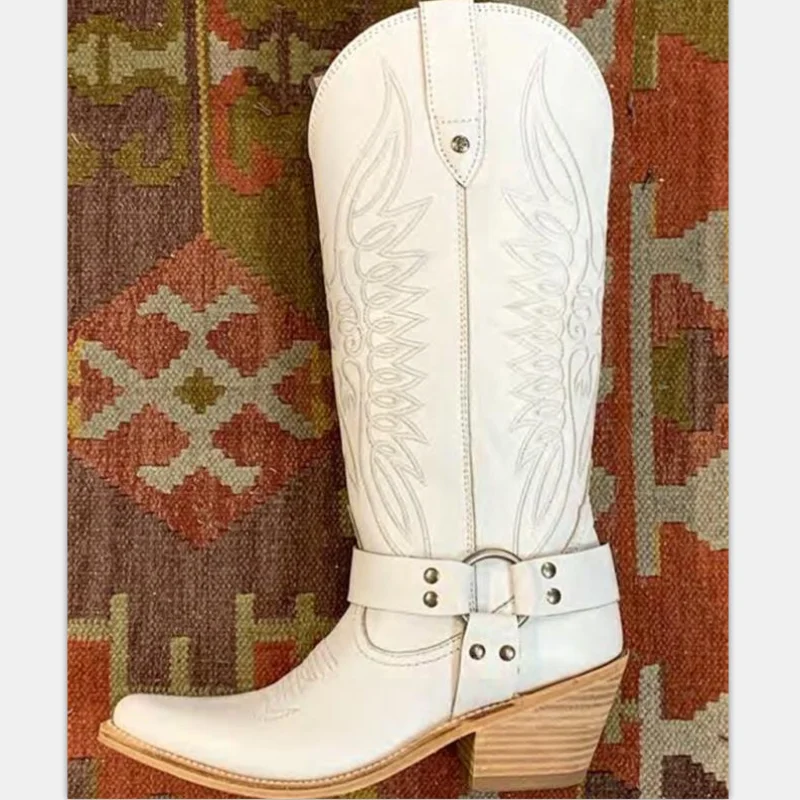 

Women Western Tall Boots Classic PU Wings Embroidered Rivet Buckle Pointed Toe Fashion Casual Street Outdoor Rider Women Shoes