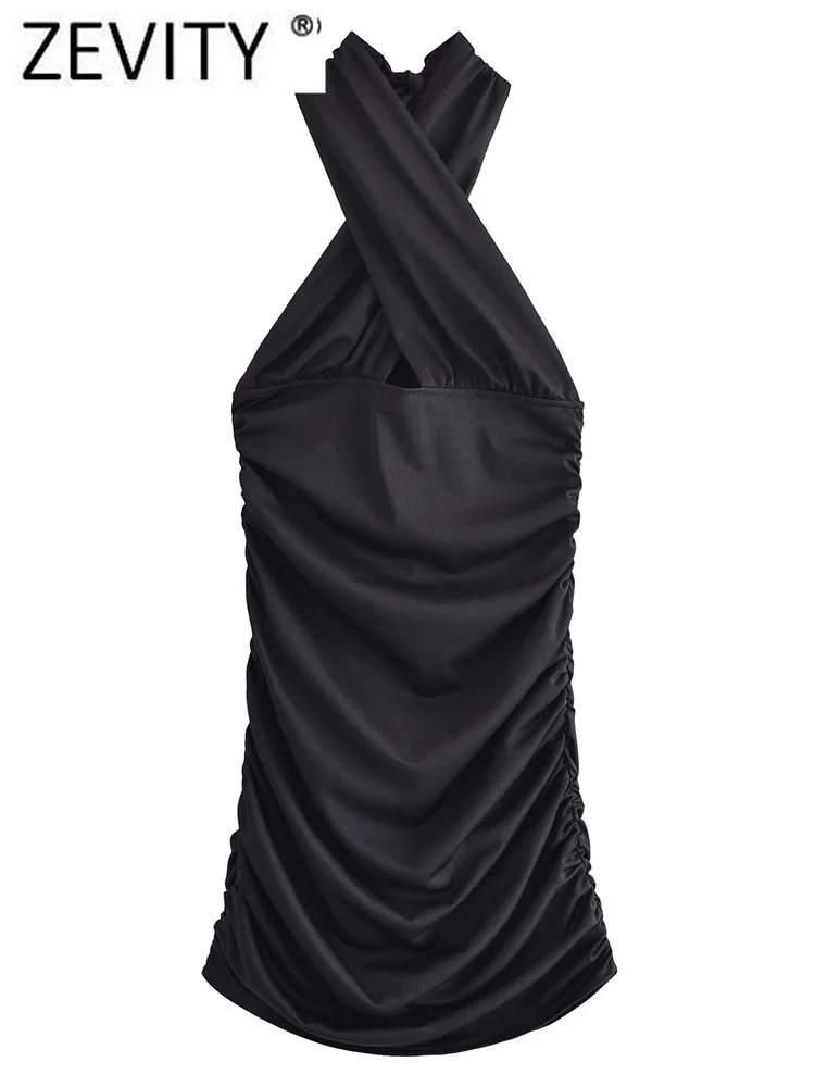 

Женское сексуальное черное Плиссированное облегающее мини-платье Zevity с перекрестной лямкой на шее, женское шикарное вечернее платье на мол...