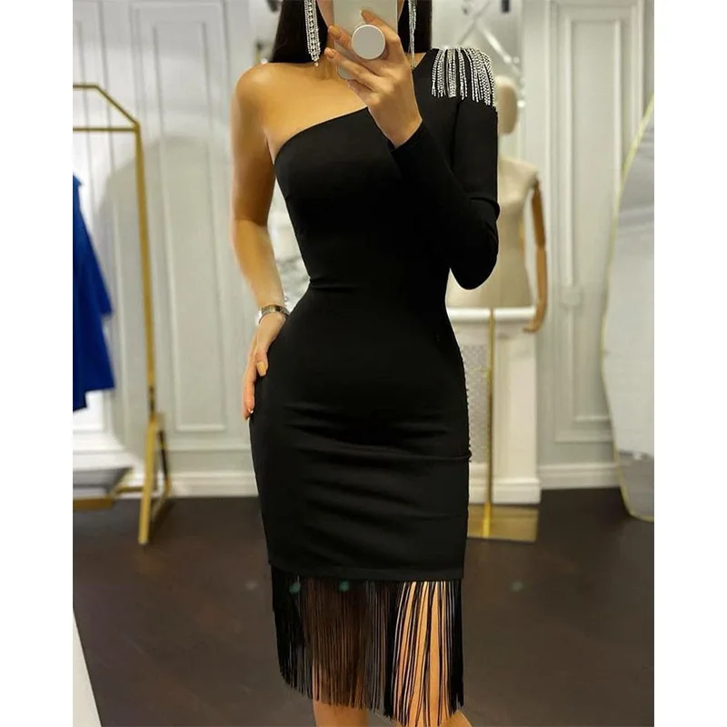 

Bodycon Dress Women Sexy One Shoudler Shoulder High Waist Tassel Bandage Dresses Long Sleeve Spring Summer Vestidos De Mujer