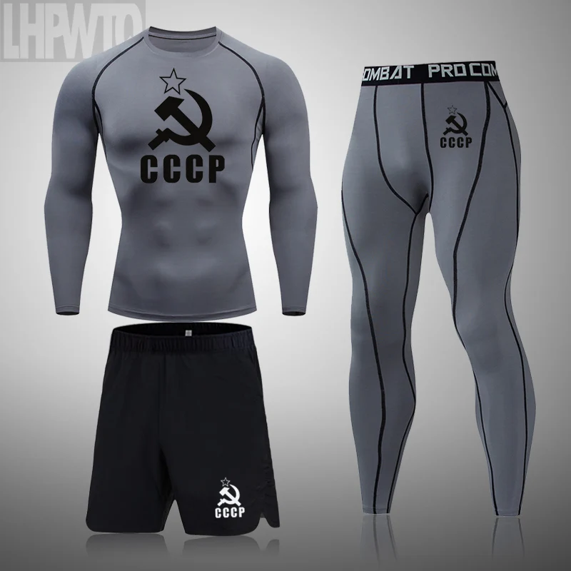 

CCCP Men Suit Rashguard Male Kit MMA Compression Clothing Male Long-Sleeved T-Shirt + Leggings+Shorts 3pcs/Sets Tracksuit Men