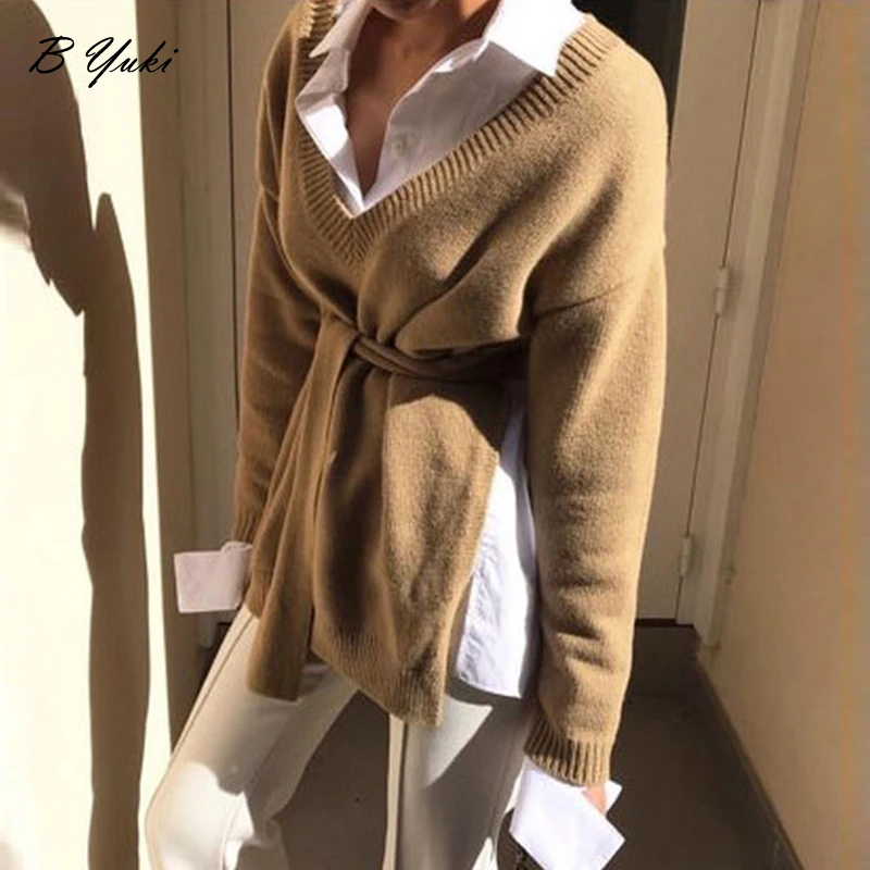 

Blessyuki Autumn Casual Korean Irregular Lace Up Knitted Sweater Women Solid Slim V-neck Pullover Multifunctional Black Sweater