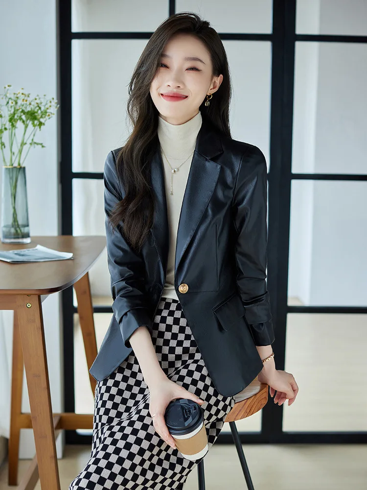 Red Suit Jacket Women's Spring  Autumn 2022 Short Leather Korean British Casual Suit  Office Lady  Single Button Elegant Suit