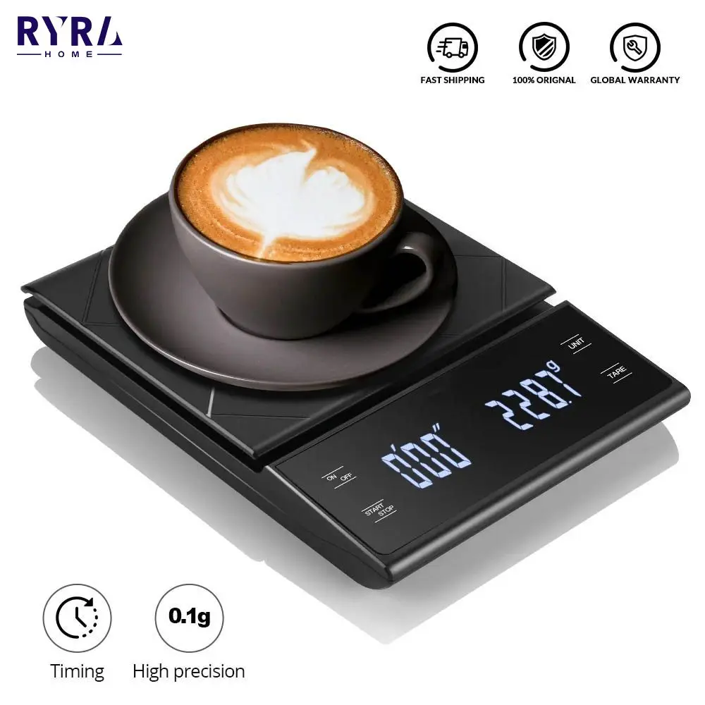 

Портативные электронные цифровые весы для кофе RYRA с таймером, высокоточные Кухонные весы со светодиодный ным дисплеем, измерительный инстр...