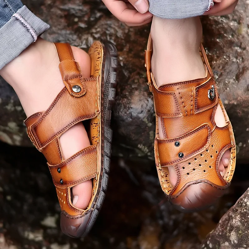 

Summer new sandals men's first layer cowhide beach shoes men's casual genuine leather cow tendon soft sole stitched