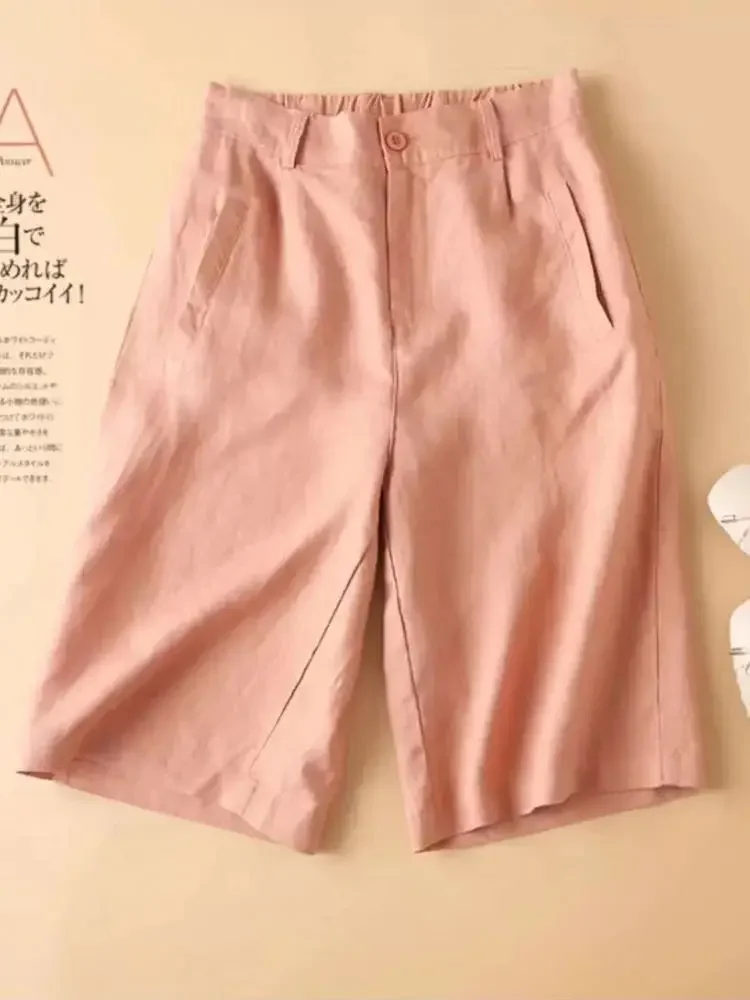 Женские хлопковые льняные шорты с высокой талией