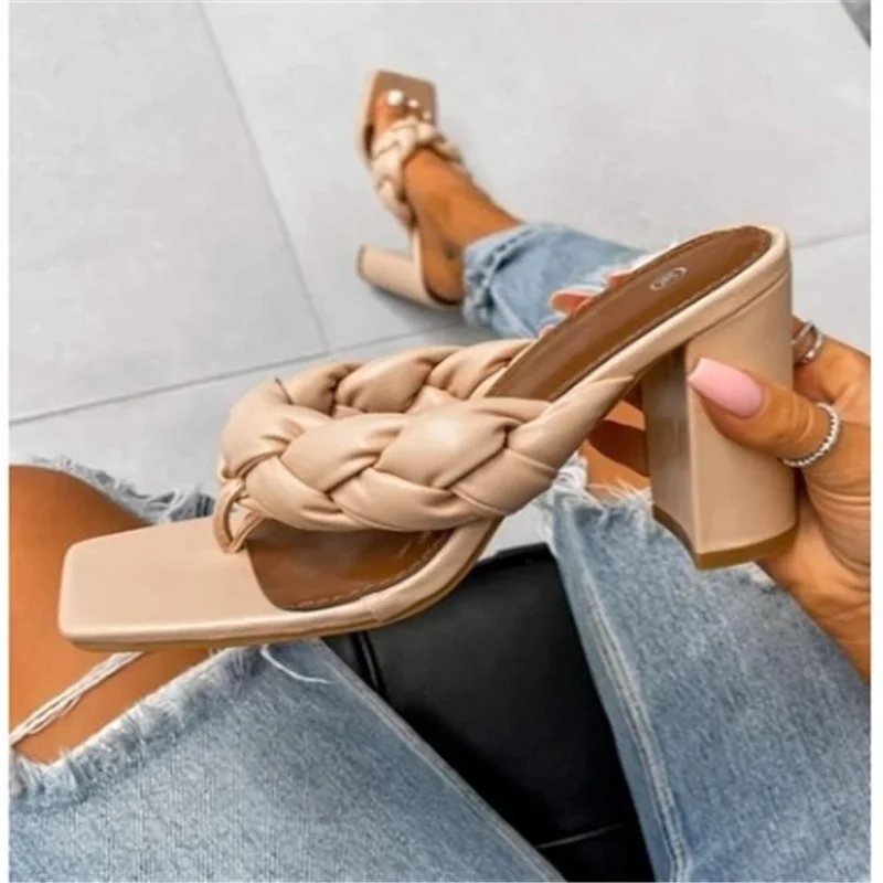 Summer New Heel Women Slippers Fashion Sexy Weave Flip Flops Women Sandals High Heel Square Toe Slides Lady Sandalias Female