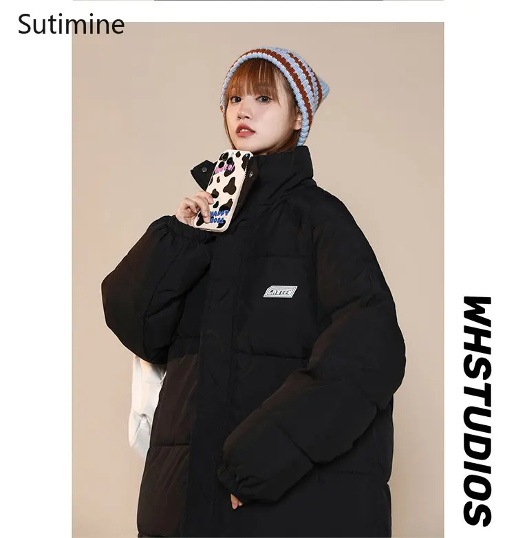 Winter Coat for Women Office Lady Black Solid Winter Loose Thickened Stand Collar Cotton Padded Jacket Zipper Winter Coat Women