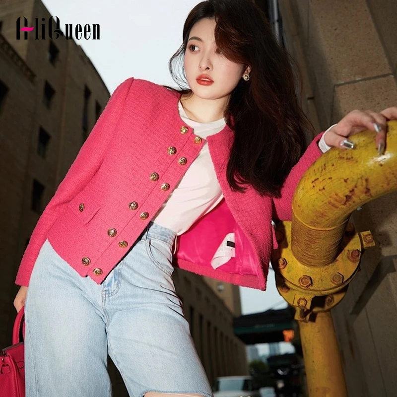 

Fall Small Fragrance Tweed Coat Women High-end Double-breasted Woolen Jackets Elegant Outerwear Ladies Black Short Winter Jacket