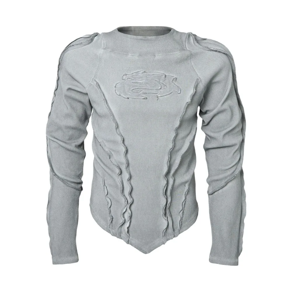 Фото Мужские футболки High Street Tees в стиле Wasteland, с эффектом состаривания, V-образный вырез, уличный стиль, с длинным рукавом №3