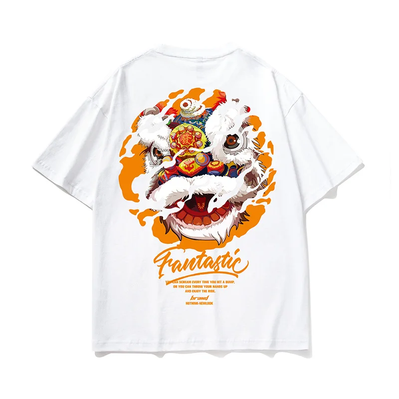 

Summer men's fashion brand Chinese style Lion head print solid color loose comfortable cotton short sleeve