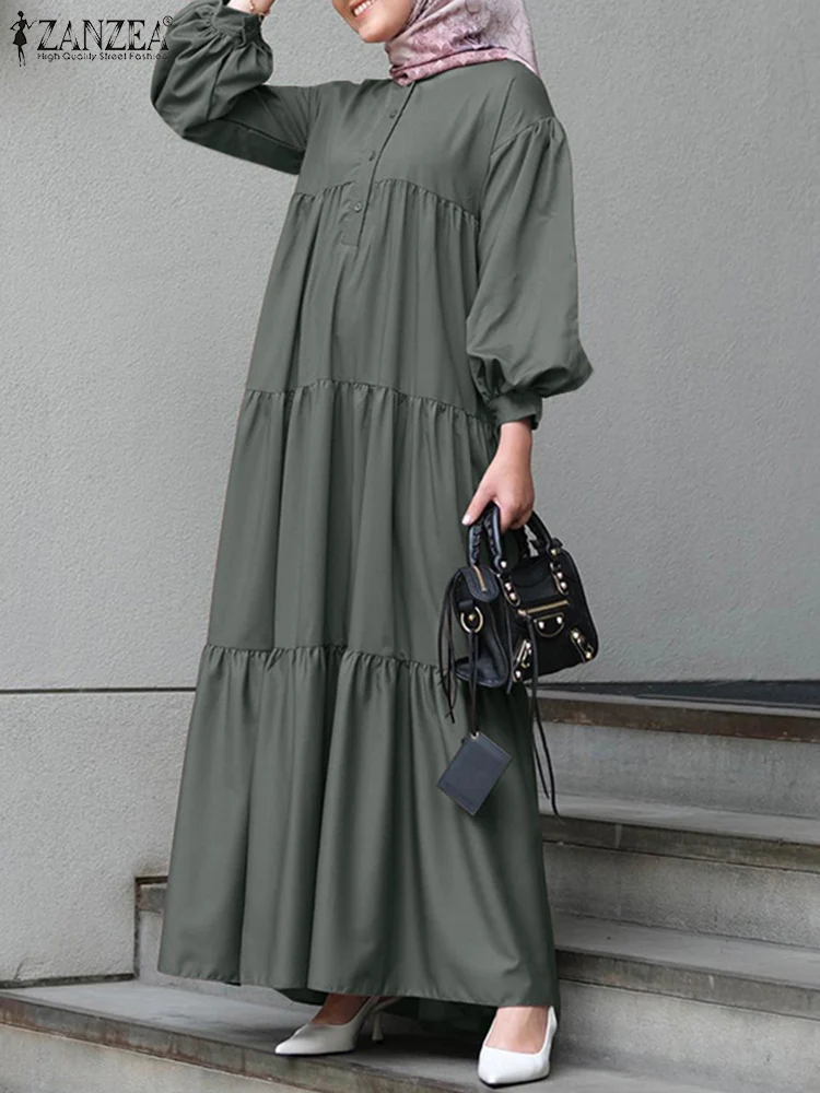 

ZANZEA Spring Muslim Women Maxi Dress Long Sleeve O-Neck Ruffled Lace Up Vestidos Fashion Elegant Casual Party Loose Robe 2022
