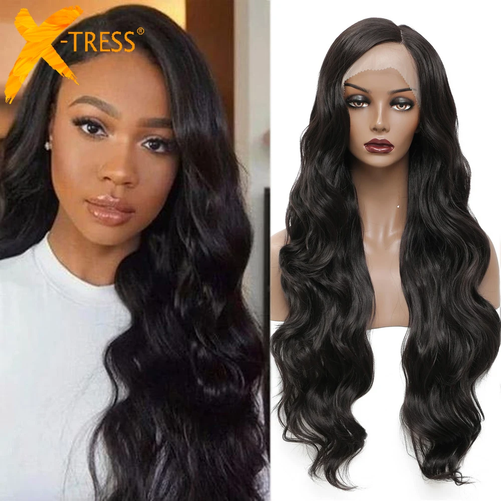 

X-TRESS Darker Brown Synthetic Lace Front Wigs Long Body Wave Side Part 30 Inch Natural Soft Hair Wig With Baby Hair Swiss Lace