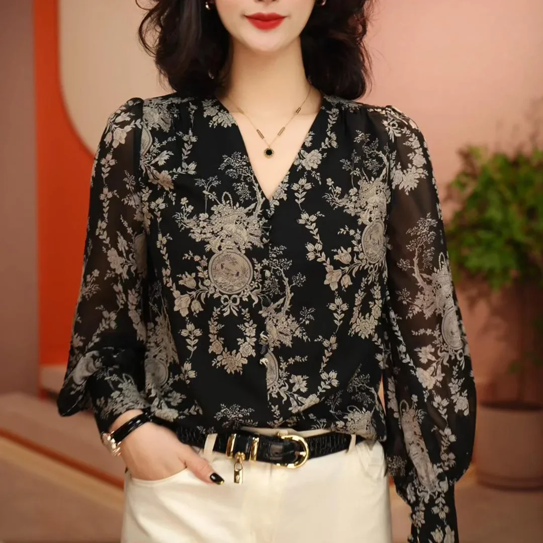 Лето 2023 модная утягивающая элегантная шифоновая женская блузка с принтом легкий