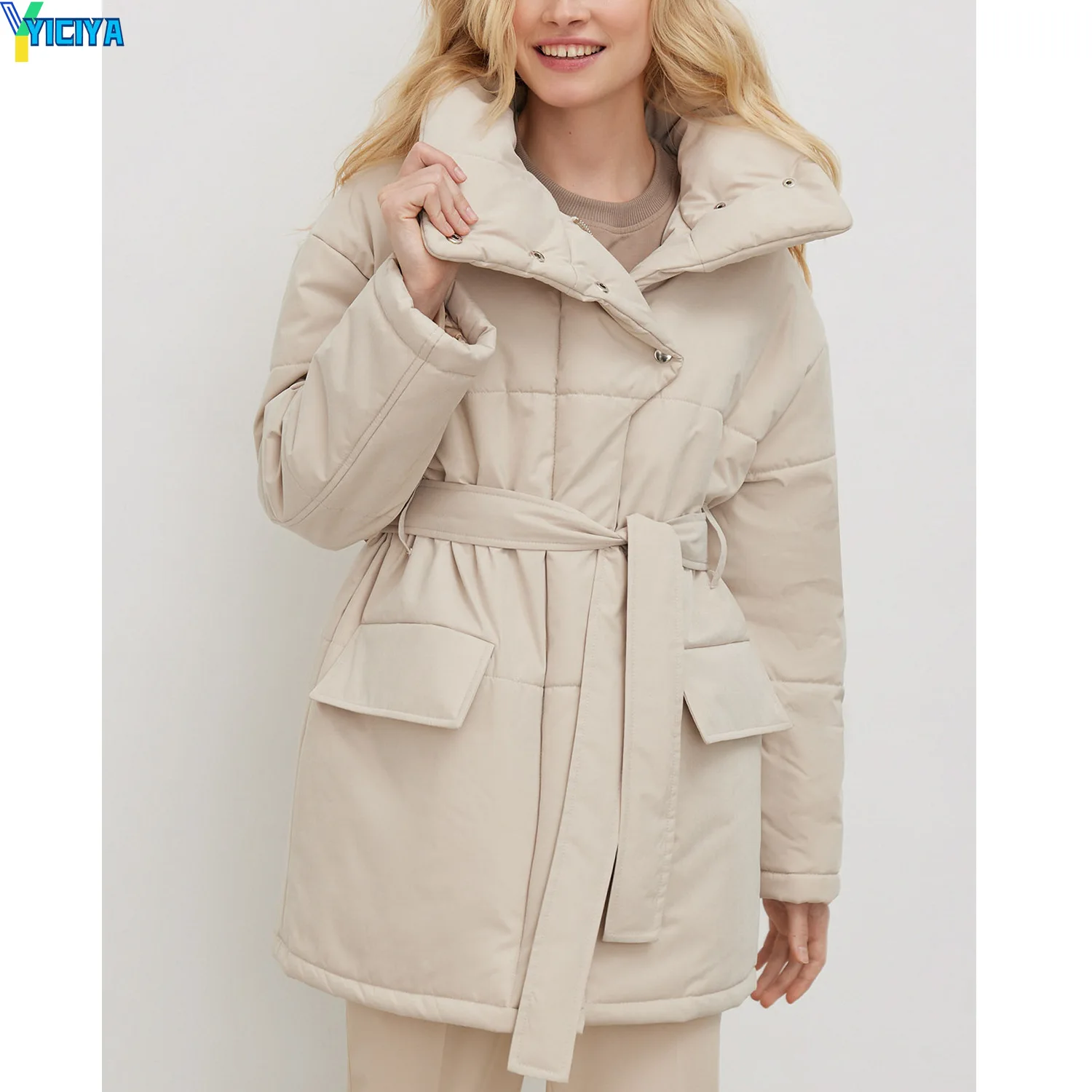 YICIYA Warm Winter Parkas For Woman 2023 Oversize Straight Thick Button Coats Casual Cotton Padded Jackets With Belt For Women