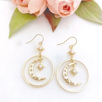 small fresh series female inlaid imitation pearl star pendant texture waning moon circle earrings womens metal gift jewelry