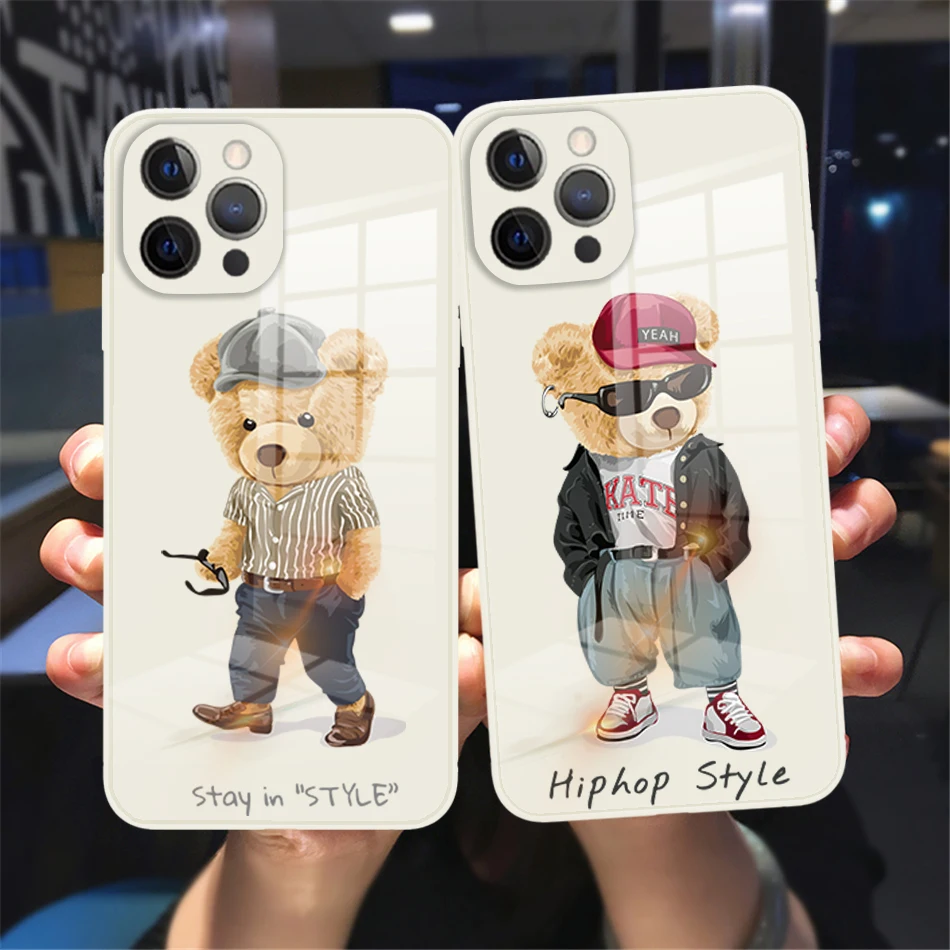 

Funny Fashion brand sports bear iPhone 11 12 13 14 Pro Max X XR XS Max 8 14 Plus 13Mini Luxury Tempered Glass bumper Case
